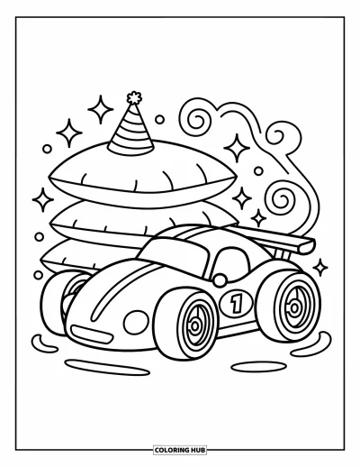 Dibujo de coches de carreras para colorear para adultos: Un coche de carreras regordete descansa junto a cojines con gorro de fiesta, rodeado de destellos y estrellas