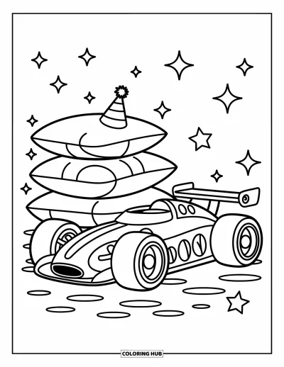 Dibujo de coches de carreras para colorear para adultos: Un coche de carreras regordete con un gorrito de fiesta descansa junto a cojines, rodeado de estrellas y remolinos