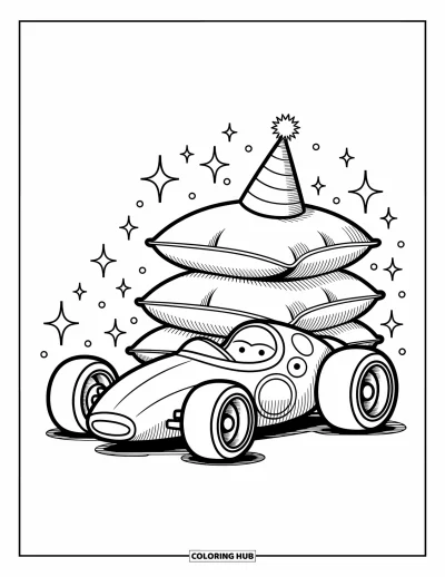 Dibujo de coches de carreras para colorear para adultos: Un coche de carreras regordete con ruedas grandes descansa junto a cojines con remolinos, destellos y estrellas