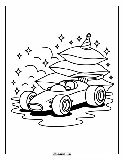 Dibujo de coches de carreras para colorear para adultos: Un coche de carreras tierno y regordete está junto a cojines esponjosos y destellos con líneas ondulantes alrededor
