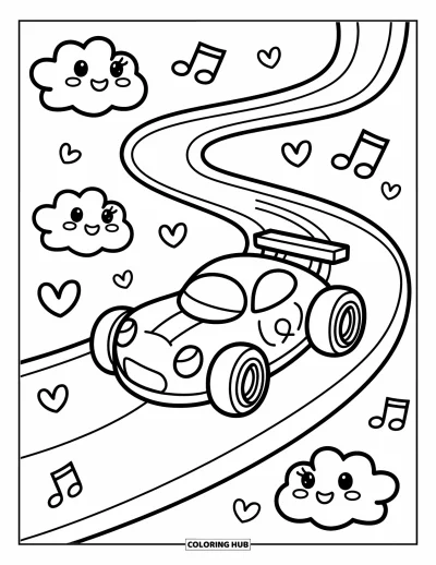 Dibujo de coches de carreras para colorear para adultos: Un coche de carreras tierno derrapa por una pista con vueltas, con notas musicales y nubes juguetonas