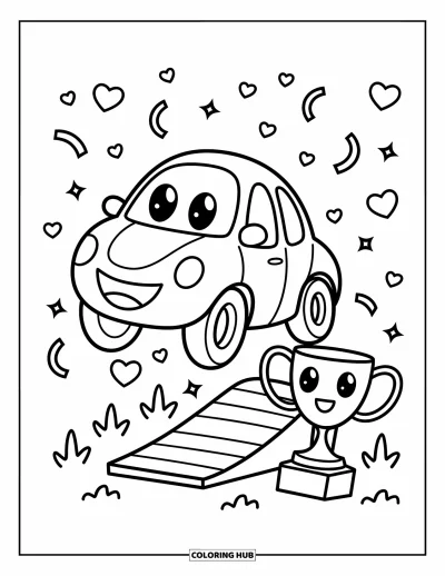 Dibujo de coches de carreras para colorear para adultos: Un coche de carreras tierno salta de una rampa con confeti juguetón, nubecitas de corazón y un trofeo sonriente