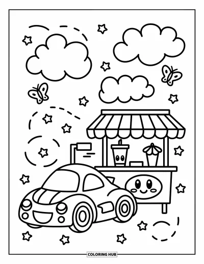 Dibujo de coches de carreras para colorear para adultos: Un coche de carreras tierno está junto a un pequeño puesto de limonada con mariposas y estrellas alrededor