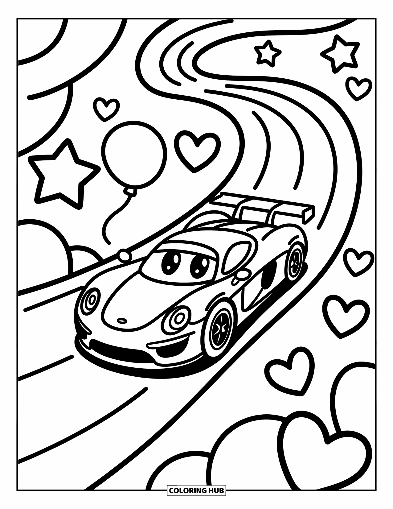 Kleurplaat raceauto voor volwassenen: Een schattige raceauto glijdt van een grote spiraalvormige glijbaan, omringd door sterren, ballonnen en harten