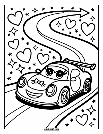 Dibujo de coches de carreras para colorear para adultos: Un coche de carreras tierno con un lazo derrapa por una pista sinuosa con corazones y flechas juguetonas