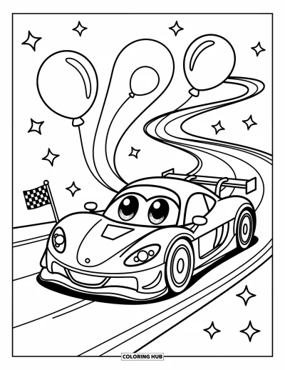 Dibujo de coches de carreras para colorear para adultos: Un coche de carreras tierno con ojos grandes compite en una pista curva con globos flotando y una bandera