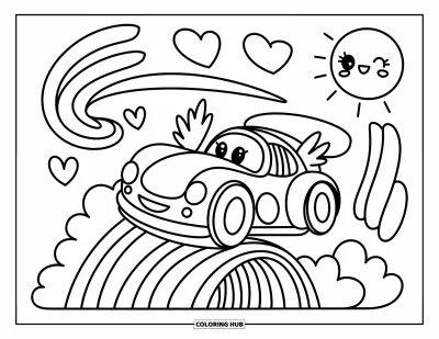 Dibujo de coches de carreras para colorear para adultos: Un coche de carreras tierno con alas pequeñas vuela sobre una rampa arcoíris con remolinos y nubes de corazón