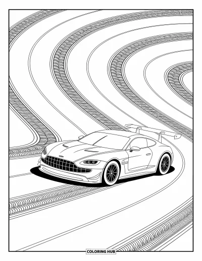 Dibujo de coches de carreras para colorear para adultos: Un coche de carreras veloz serpentea por pistas tipo laberinto con patrones juguetones y bordes decorativos