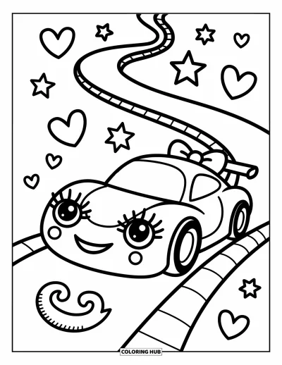 Dibujo de coches de carreras para colorear para adultos: Un coche de carreras amistoso con pestañas largas y un lazo derrapa por un camino curvado con corazones