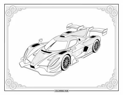 Dibujo de coches de carreras para colorear para adultos: Un coche de carreras futurista con patrones intrincados está enmarcado por diseños simétricos y ondulantes