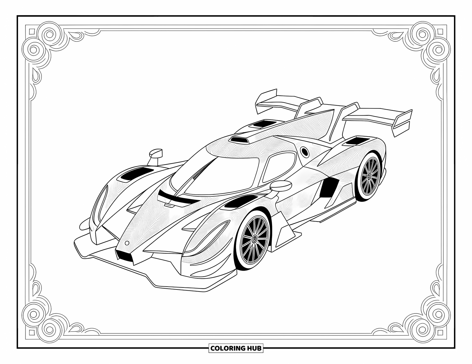 Kleurplaat raceauto voor volwassenen: Een futuristische raceauto met ingewikkelde patronen wordt omlijst door wervelende, symmetrische ontwerpen