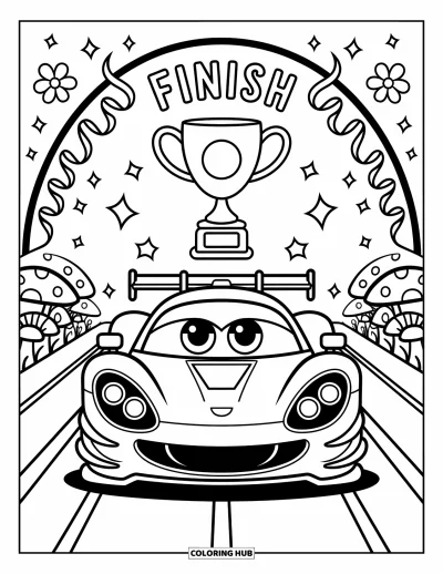 Dibujo de coches de carreras para colorear para adultos: Un coche de carreras feliz sostiene un trofeo pequeño bajo una meta con cintas y confeti
