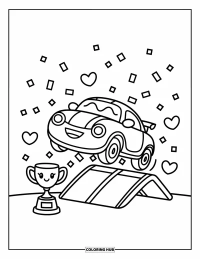 Dibujo de coches de carreras para colorear para adultos: Un coche de carreras feliz de formas redondeadas salta de una rampa con nubecitas de corazón y confeti