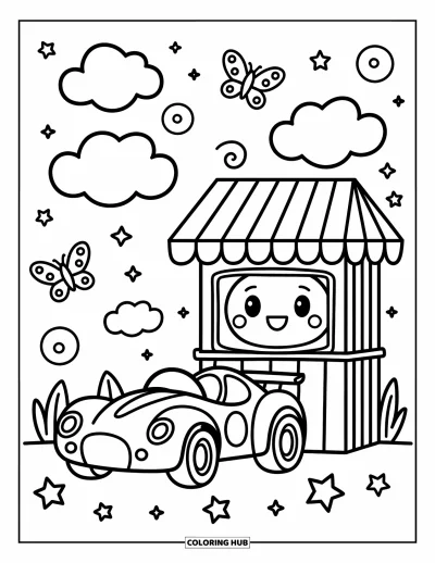 Dibujo de coches de carreras para colorear para adultos: Un coche de carreras kawaii se estaciona junto a un puesto de limonada con mariposas juguetonas y estrellas ondulantes cerca