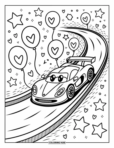 Dibujo de coches de carreras para colorear para adultos: Un coche de carreras chibi juguetón se desliza por un tobogán en espiral con globos, estrellas y corazoncitos