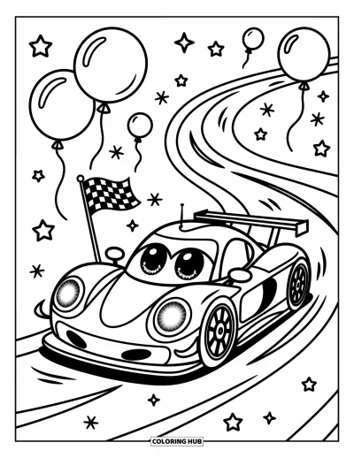 Dibujo de coches de carreras para colorear para adultos: Un coche de carreras juguetón avanza veloz por una pista con curvas rodeada de globos, estrellas y remolinos