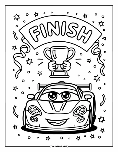 Dibujo de coches de carreras para colorear para adultos: Un coche de carreras orgulloso sostiene un trofeo pequeño bajo un arco con confeti y cintas en espiral
