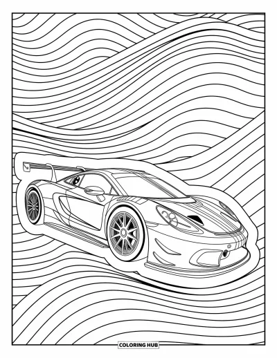Dibujo de coches de carreras para colorear para adultos: Un coche de carreras decorado con motivos de olas y espirales está en un diseño elegante y detallado