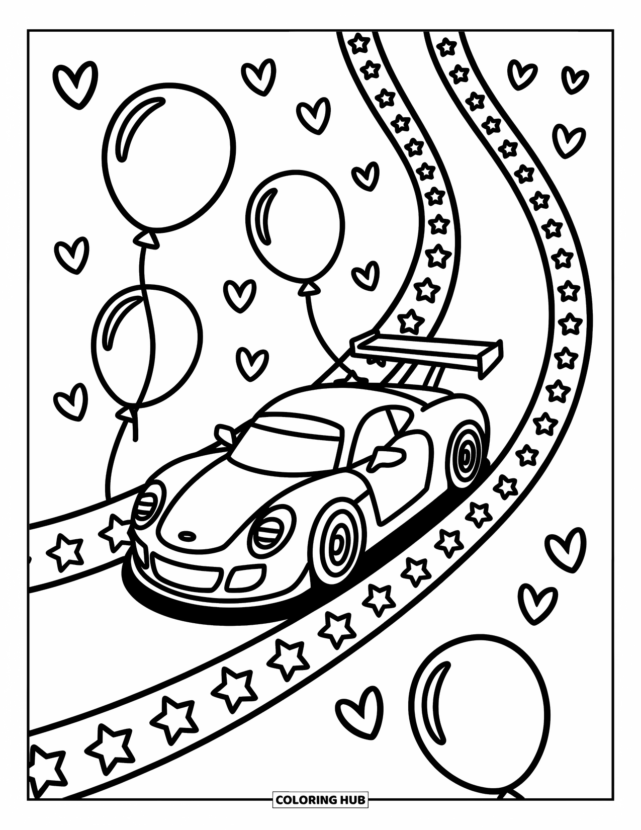 Kleurplaat raceauto voor volwassenen: Een raceauto glijdt van een spiraalvormige glijbaan met sterren, harten en zwevende ballonnen eromheen