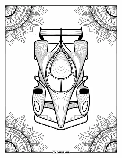 Dibujo de coches de carreras para colorear para adultos: Un coche de carreras visto desde arriba con patrones de mandala simétricos y adornos artísticos