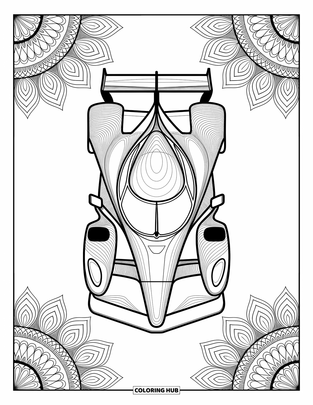 Raceauto Kleurplaat voor Volwassenen: Een raceauto van bovenaf gezien met symmetrische mandala-patronen en artistieke versieringen
