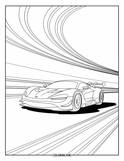 Dibujo de coches de carreras para colorear para adultos: Un coche de carreras acelera hacia adelante con líneas abstractas ondulantes danzando a su alrededor