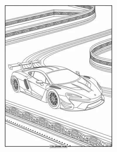 Dibujo de coches de carreras para colorear para adultos: Un coche de carreras recorre pistas tipo laberinto con bordes ornamentales y diseños intrincados