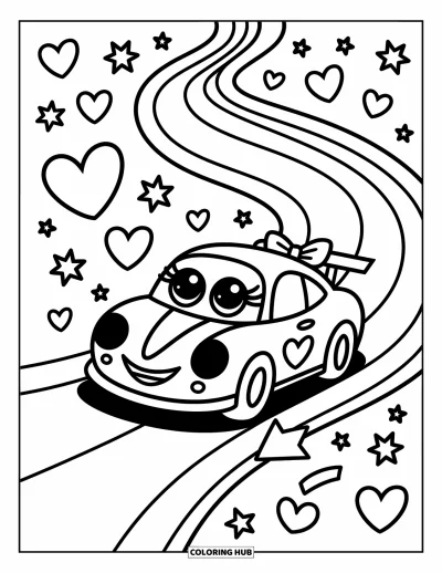 Dibujo de coches de carreras para colorear para adultos: Un coche de carreras con pestañas grandes y un lazo se desliza por una pista con corazones y estrellas