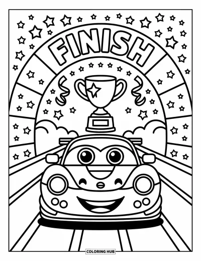 Dibujo de coches de carreras para colorear para adultos: Un coche de carreras con ojos grandes sostiene un trofeo bajo una meta con confeti y estrellas