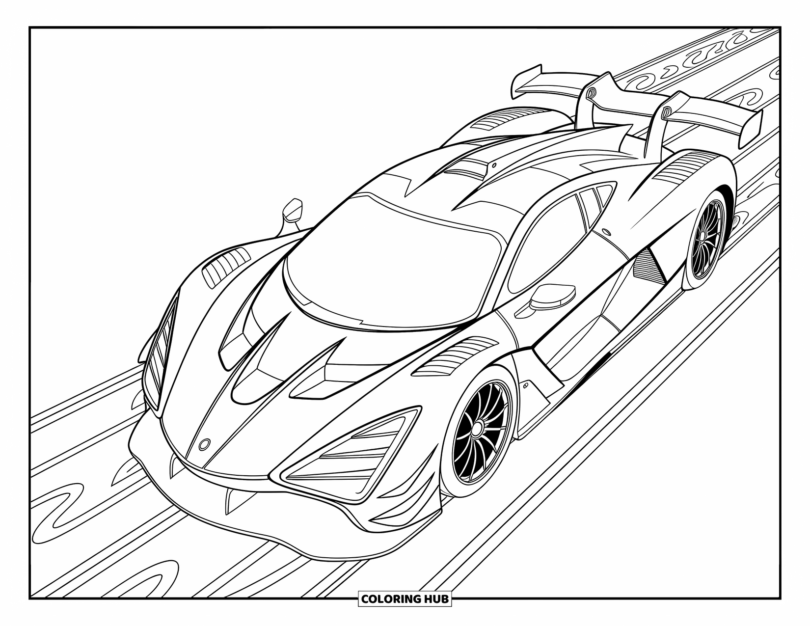 Kleurplaat raceauto voor volwassenen: Een raceauto met mechanische vleugels staat in het midden, omgeven door sierlijke, gedetailleerde patronen