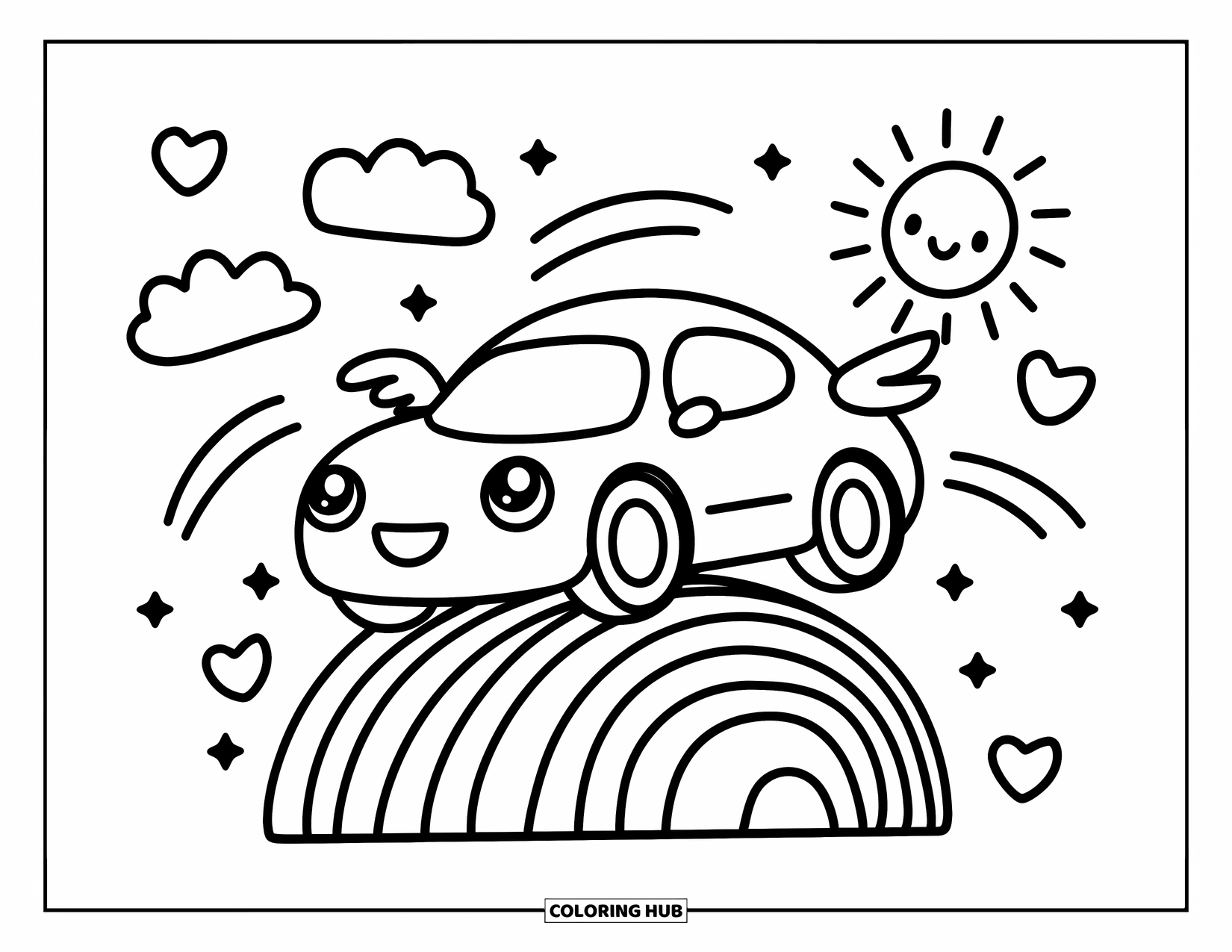 Kleurplaat raceauto voor volwassenen: Een raceauto met kleine vleugels glijdt over een regenbooghelling met een lachende zon en hartjeswolken