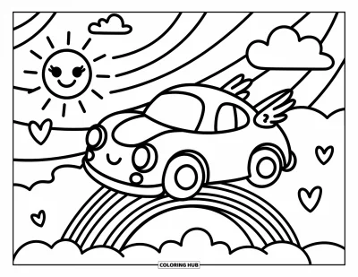 Dibujo de coches de carreras para colorear para adultos: Un coche de carreras con alas pequeñas planea sobre una rampa arcoíris con nubes de corazón y patrones ondulantes