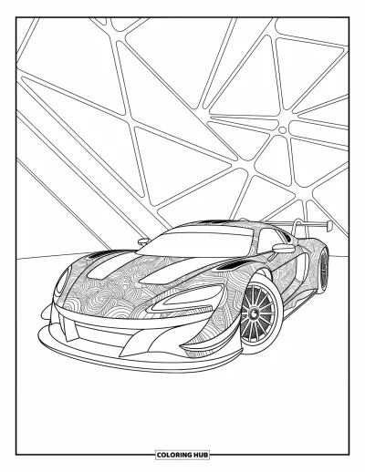Dibujo de coches de carreras para colorear para adultos: Un coche de carreras con diseños tribales y ruedas elegantes está rodeado de líneas ondulantes
