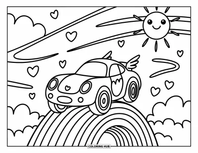 Dibujo de coches de carreras para colorear para adultos: Un coche de carreras con alas sobrevuela una rampa arcoíris con un sol feliz y líneas ondulantes