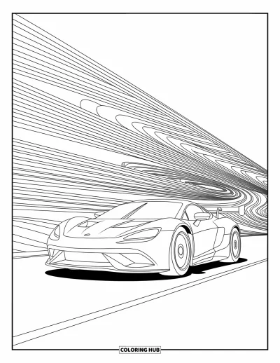 Dibujo de coches de carreras para colorear para adultos: Un coche de carreras avanza veloz con líneas ondulantes y patrones suaves alrededor