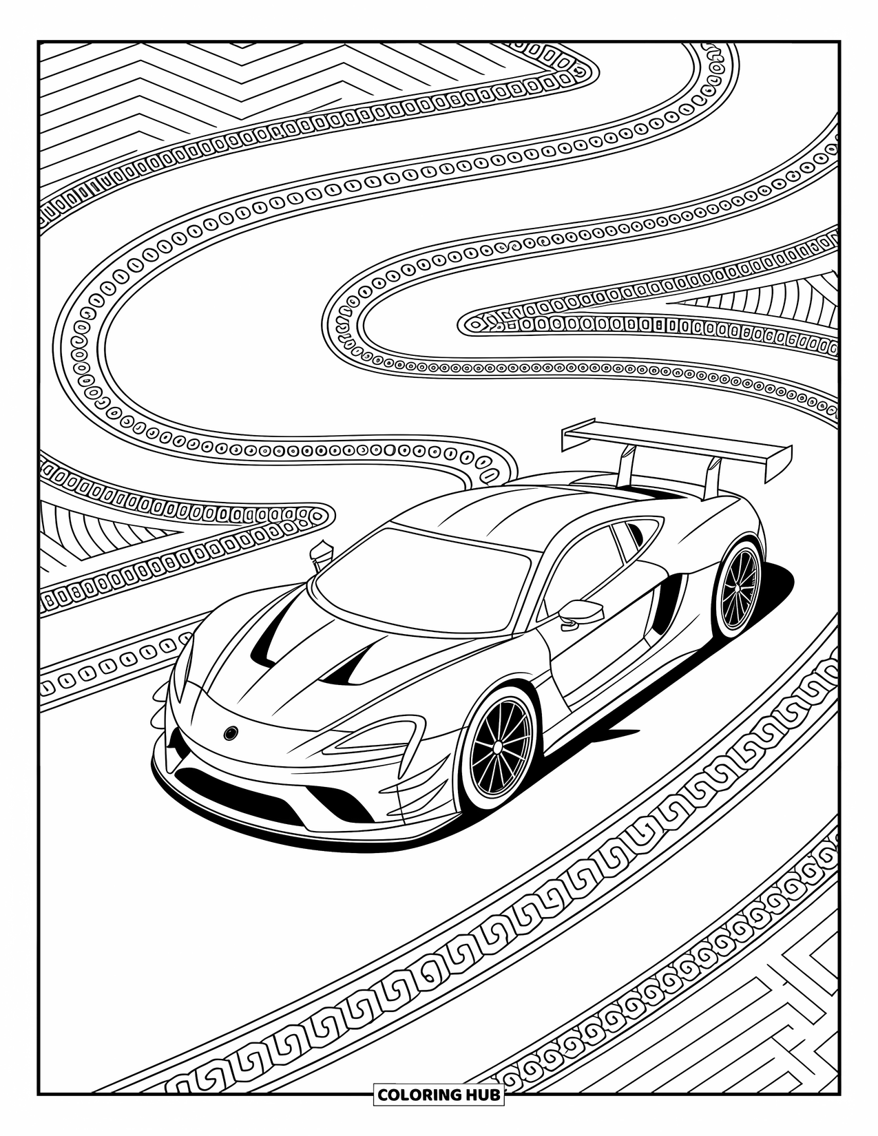 Desenho de carro de corrida para colorir para adultos: Um carro de corrida elegante segue caminhos labirínticos com padrões elegantes e detalhes artísticos