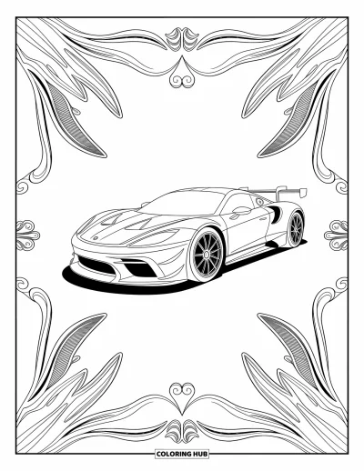 Dibujo de coches de carreras para colorear para adultos: Un coche de carreras aerodinámico está enmarcado por filigranas fluidas y adornos decorativos simétricos