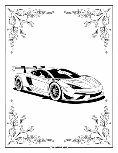Dibujo de coches de carreras para colorear para adultos: Un coche de carreras aerodinámico está rodeado de bordes detallados y adornos decorativos fluidos