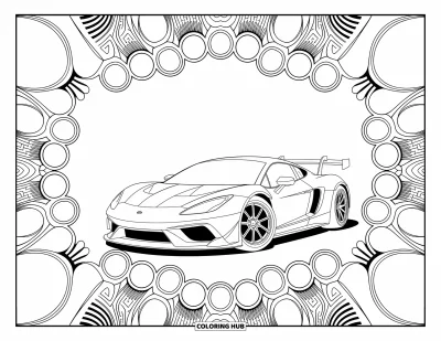 Dibujo de coches de carreras para colorear para adultos: Un coche de carreras aerodinámico está rodeado de patrones mecánicos estilo mandala y detalles decorativos