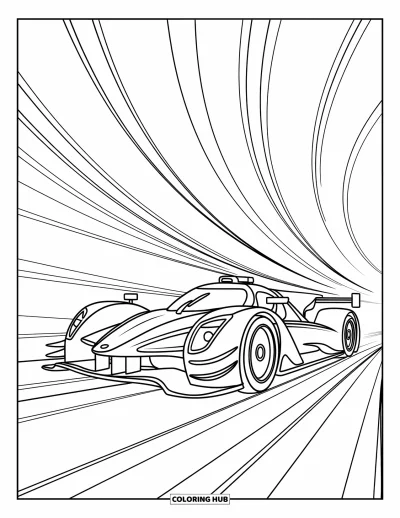 Dibujo de coches de carreras para colorear para adultos: Un coche de carreras aerodinámico avanza rápido, rodeado de patrones fluidos y curvas