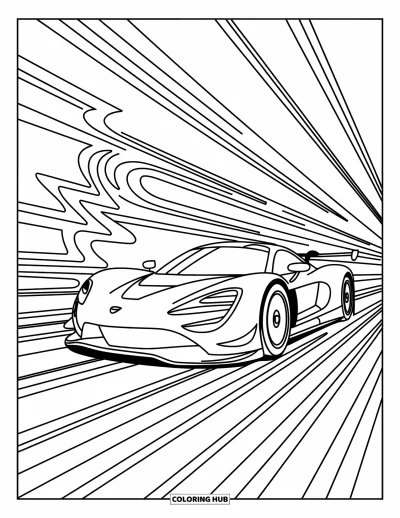 Dibujo de coches de carreras para colorear para adultos: Un coche de carreras aerodinámico se lanza hacia adelante con patrones ondulantes y formas geométricas alrededor