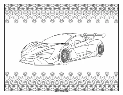 Dibujo de coches de carreras para colorear para adultos: Un coche de carreras aerodinámico está en el centro, rodeado de patrones circulares y diseños mecánicos
