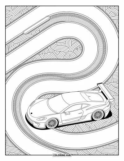 Dibujo de coches de carreras para colorear para adultos: Un coche de carreras aerodinámico avanza por pistas retorcidas con patrones ondulantes alrededor