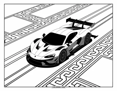 Dibujo de coches de carreras para colorear para adultos: Un coche de carreras aerodinámico con alas mecánicas está entre elegantes patrones repetidos de fondo