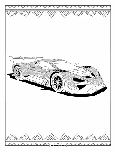 Dibujo de coches de carreras para colorear para adultos: Un coche de carreras aerodinámico con patrones tribales y ruedas ornamentadas está enmarcado por diseños decorativos
