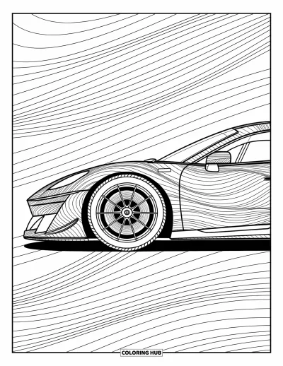 Dibujo de coches de carreras para colorear para adultos: Un coche de carreras aerodinámico con patrones de olas y espirales está enmarcado por bordes decorativos detallados