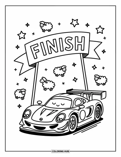Dibujo de coches de carreras para colorear para adultos: Un coche de carreras somnoliento descansa bajo una pancarta de cinta con ovejas esponjosas y estrellas brillantes arriba