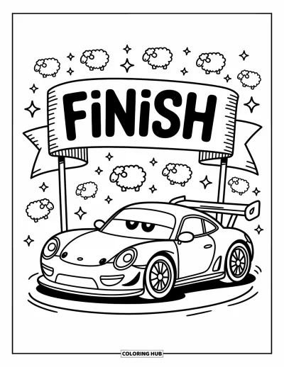 Dibujo de coches de carreras para colorear para adultos: Un coche de carreras somnoliento descansa bajo una cinta de meta con ovejitas y estrellas brillantes arriba