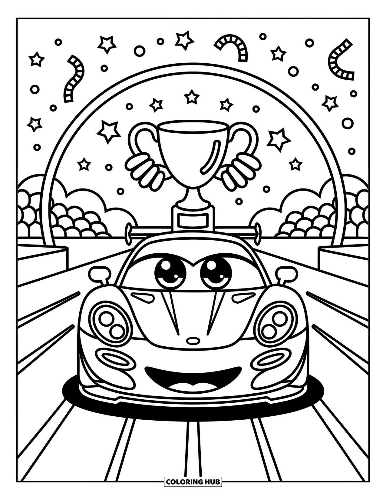 Kleurplaat raceauto voor volwassenen: Een lachende raceauto houdt een trofee vast onder een finishlijn met glitters en speelse confetti