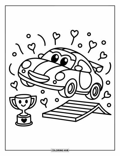 Dibujo de coches de carreras para colorear para adultos: Un coche de carreras sonriente salta de una rampa con confeti, nubecitas de corazón y un trofeo feliz cerca
